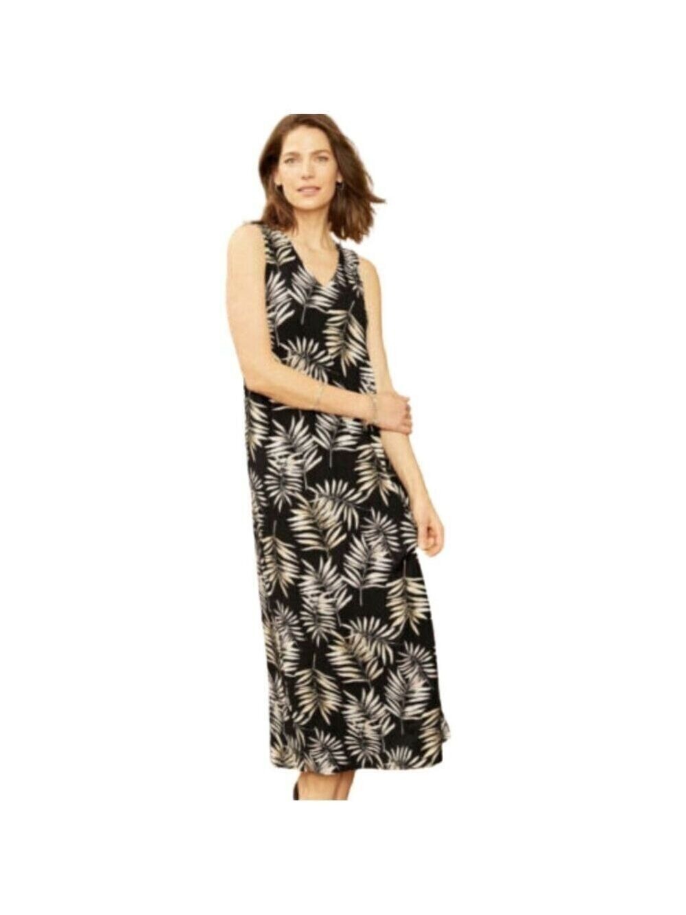 J. Jill Wearever Black Tropical Leaf Sleeveless Jersey Knit Maxi Dress Sz S
